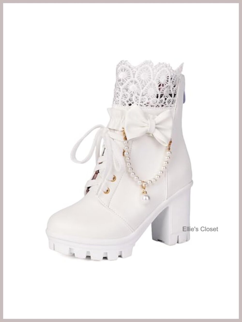 Platform Ankle Boots Lace Pearl Goth Boots Lace-Up Closure Chunky Heel Combat